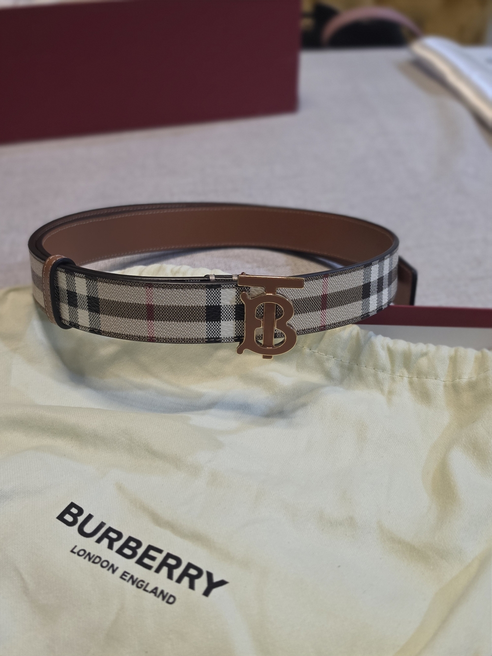 Burberry Tan & Black TB Monogram Checked Belt